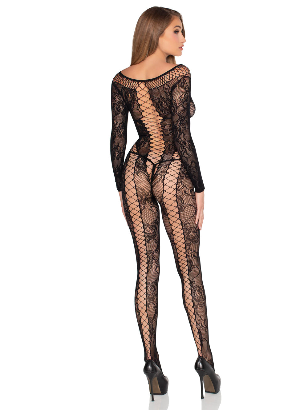 Leg Avenue Net and Lace Crotchless Lingerie Jumpsuit – Black