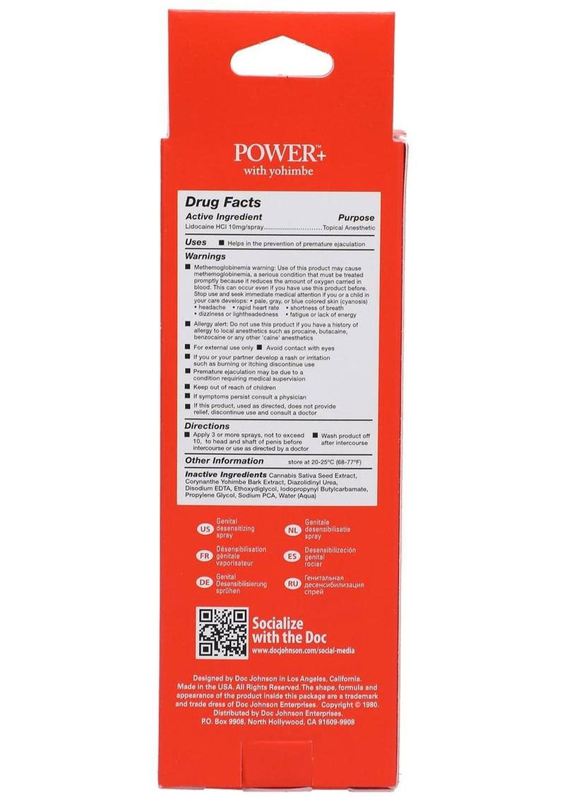 Doc Johnson Power Plus Delay Spray for Men – 2 Fl. Oz. – Odorless and Tasteless