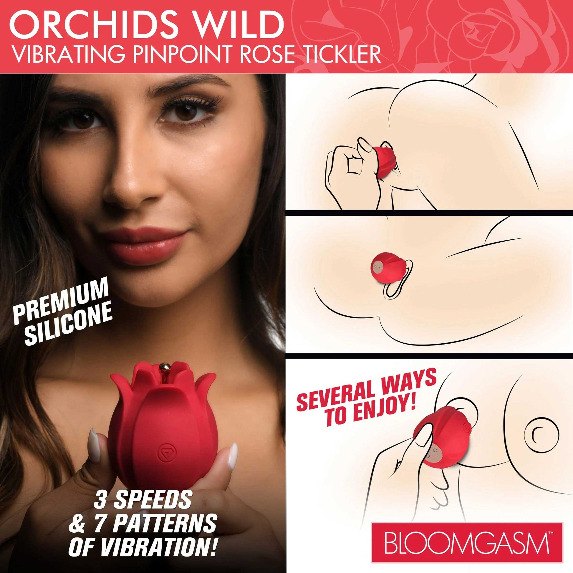 Orchids Wild Vibrating Pinpoint Rose Tickler – Red with 3 Speeds and 7 Patterns