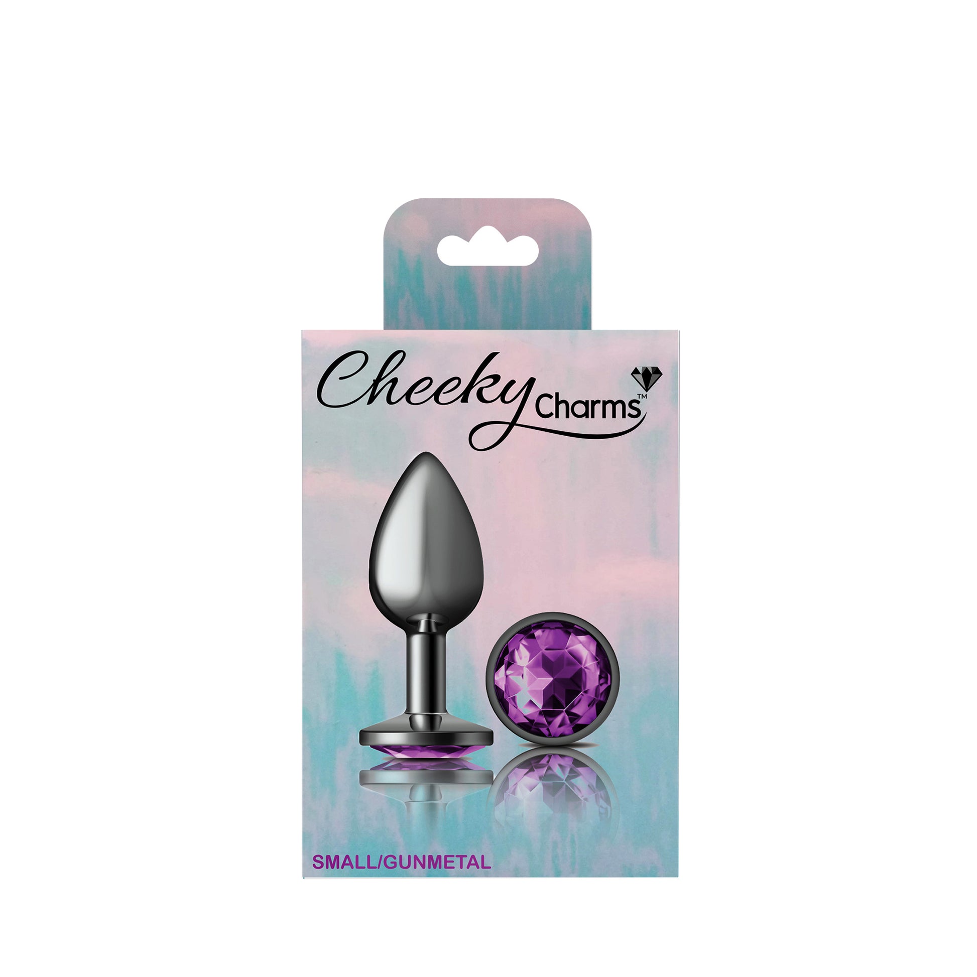 Cheeky Charms Small Gunmetal Metal Anal Plug with Deep Purple Acrylic Gemstone