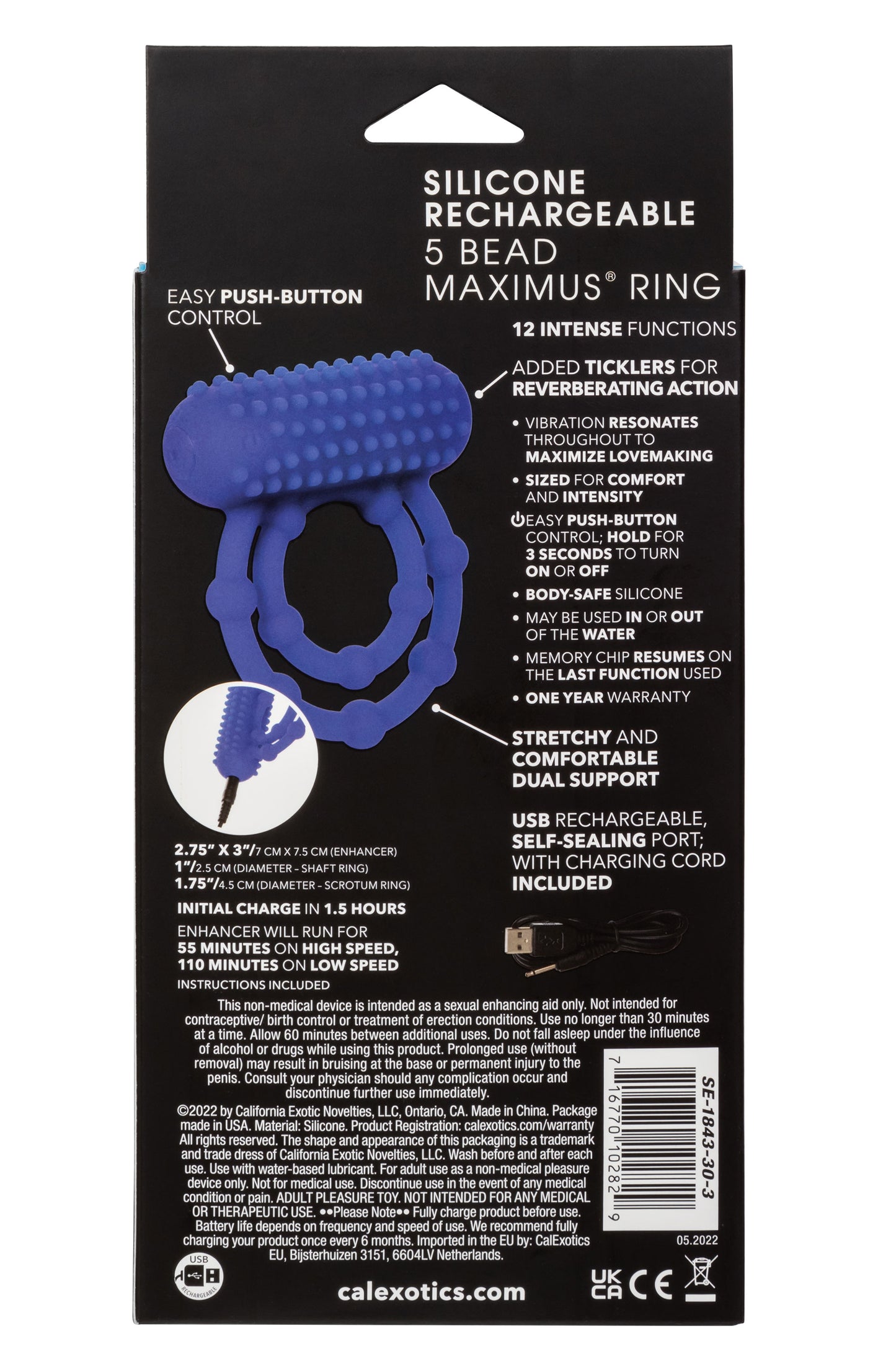 CalExotics Silicone Rechargeable 10 Bead Maximus Ring – Blue – Vibrating Cock Ring