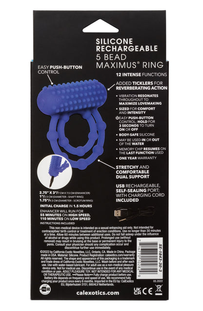 CalExotics Silicone Rechargeable 10 Bead Maximus Ring – Blue – Vibrating Cock Ring