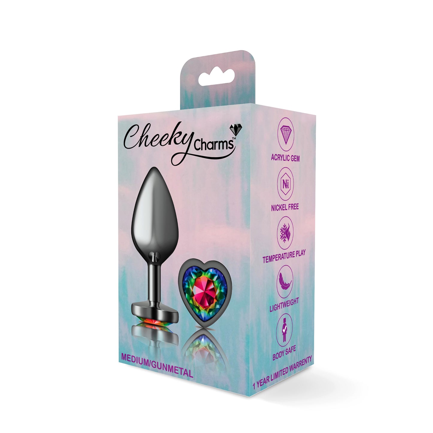 Cheeky Charms Rainbow Heart Gunmetal Metal Anal Plug – Medium