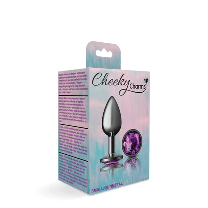 Cheeky Charms Small Gunmetal Metal Anal Plug with Deep Purple Acrylic Gemstone