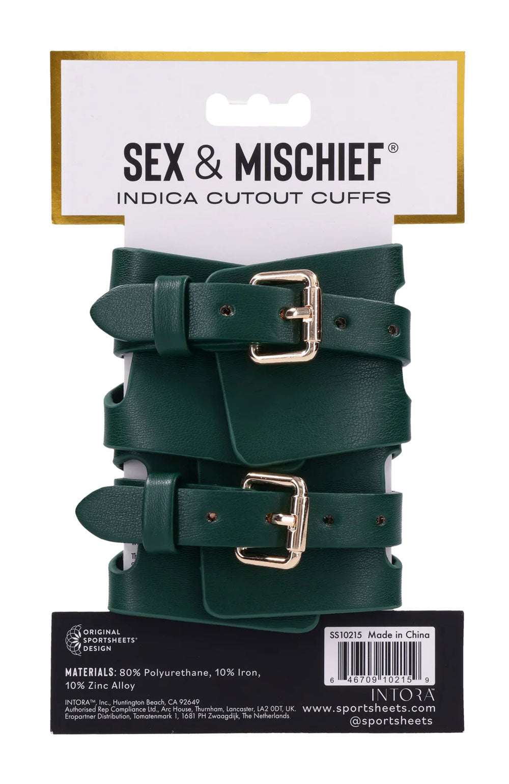 Sportsheets Indica Cutout Cuffs - Green Collar with Gold Hardware and Adjustable Fit