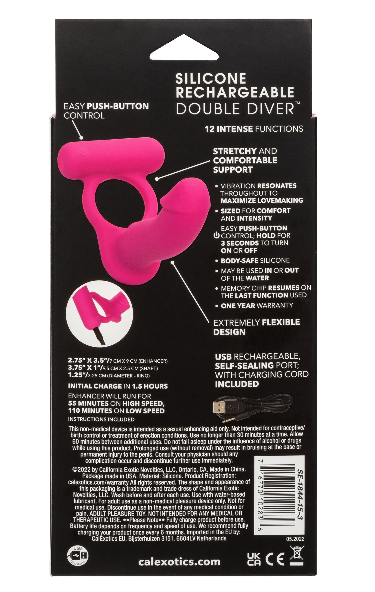 CalExotics Silicone Rechargeable Double Diver - Pink - Multi-Function Vibrating Cock Ring