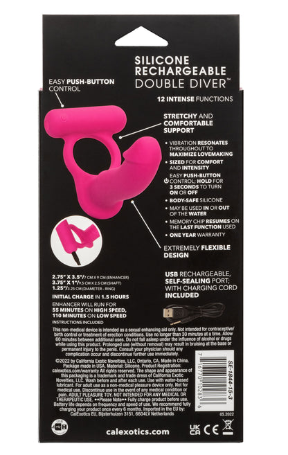 CalExotics Silicone Rechargeable Double Diver - Pink - Multi-Function Vibrating Cock Ring