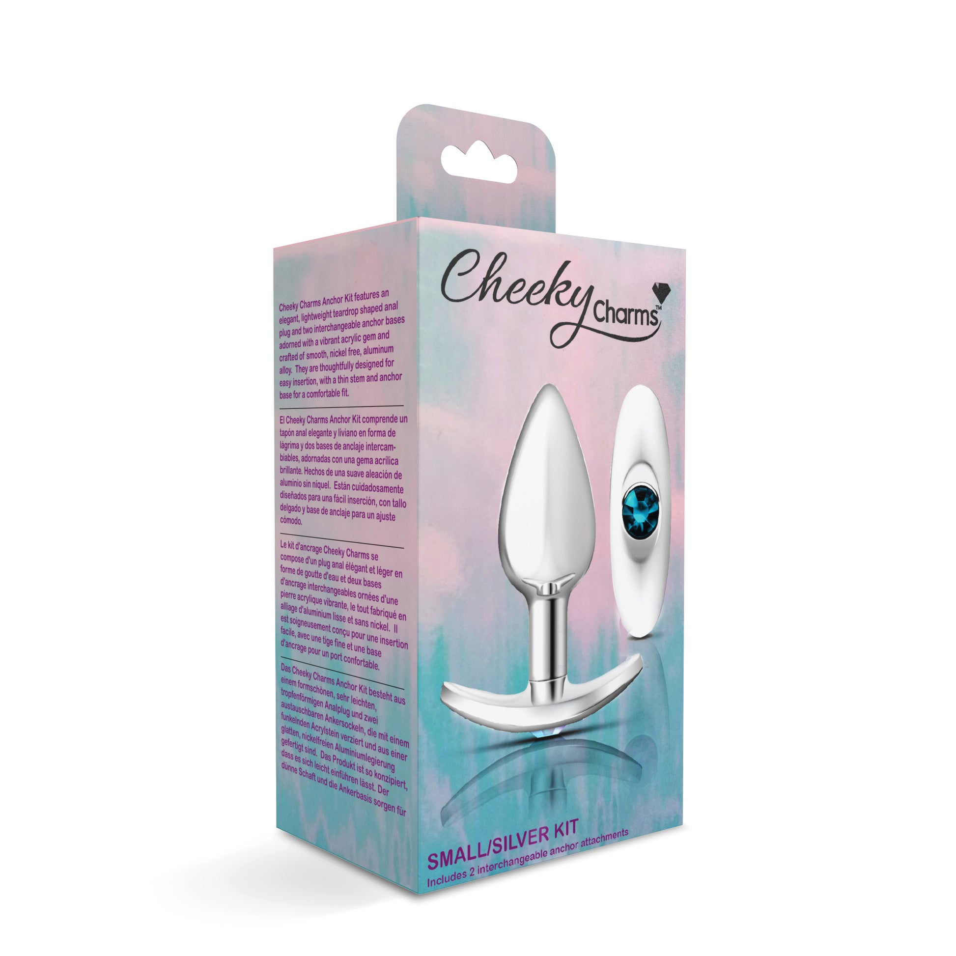 Cheeky Charms Silver Anchor Buttplug Kit with Interchangeable Gemstone Bases – Clear Iridescent/Teal