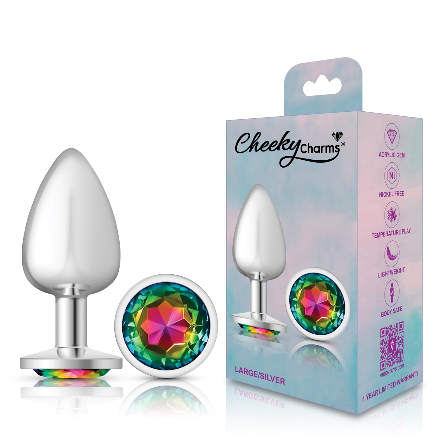 Cheeky Charms Rainbow Round Gem Silver Metal Anal Plug – Large