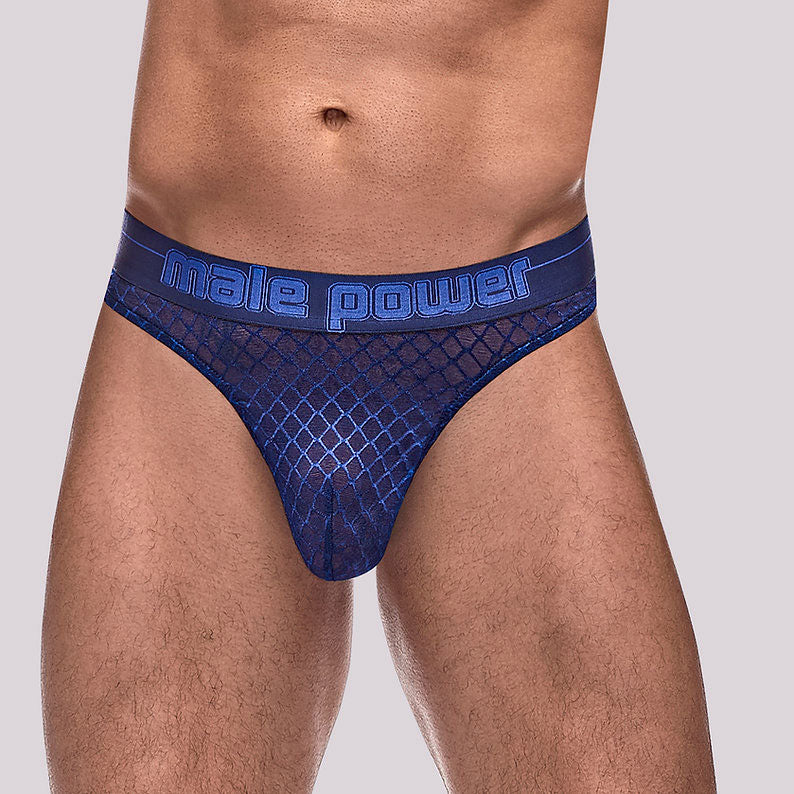 Male Power Diamond Mesh Thong - Breathable T-back Design - Navy - L/XL