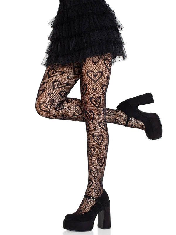 Leg Avenue Cherie Heart Net Tights - Black - Fishnet Stockings with Double Heart Design