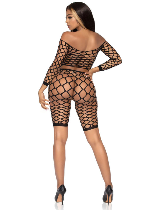 2 Pc Net Crop Top and Bike Shorts - One Size - Black