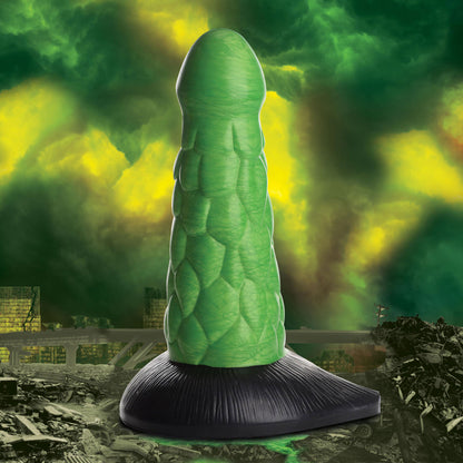 XR Brands Radioactive Reptile Thick Scaly Silicone Dildo - Green - Suction Cup and Harness Compatible