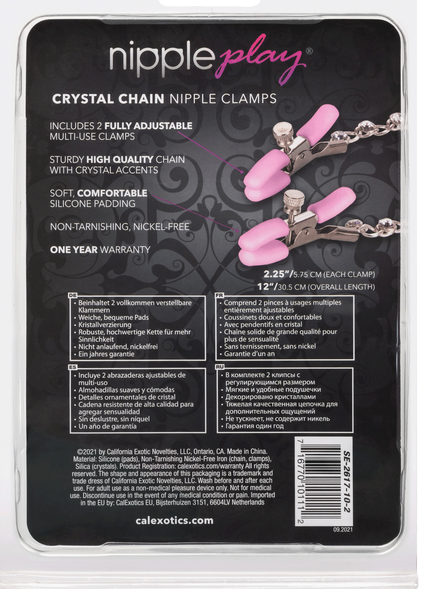 CalExotics Nipple Play Crystal Chain Nipple Clamps - Pink - Adjustable Sensation Toys
