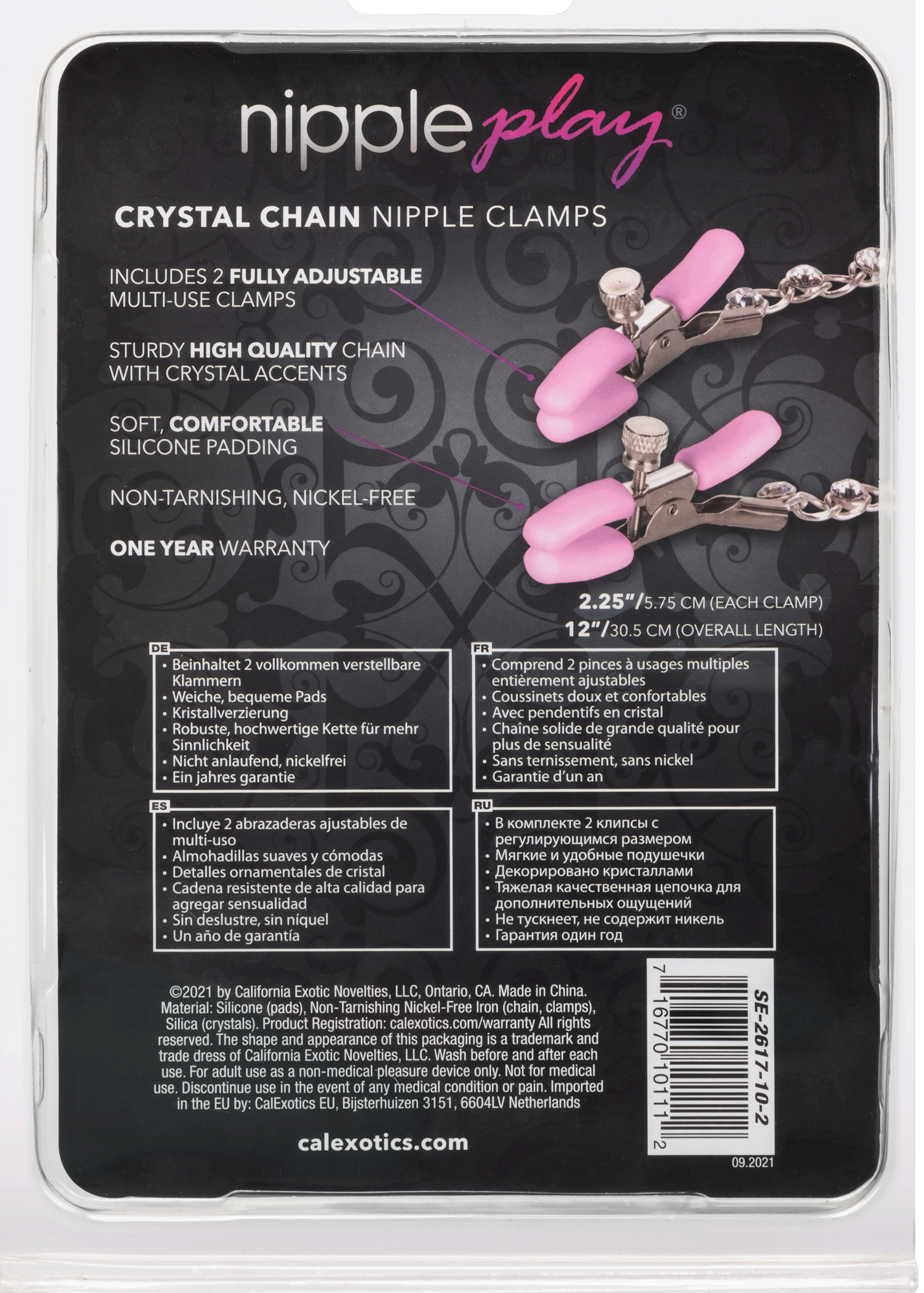 CalExotics Nipple Play Crystal Chain Nipple Clamps - Pink - Adjustable Sensation Toys