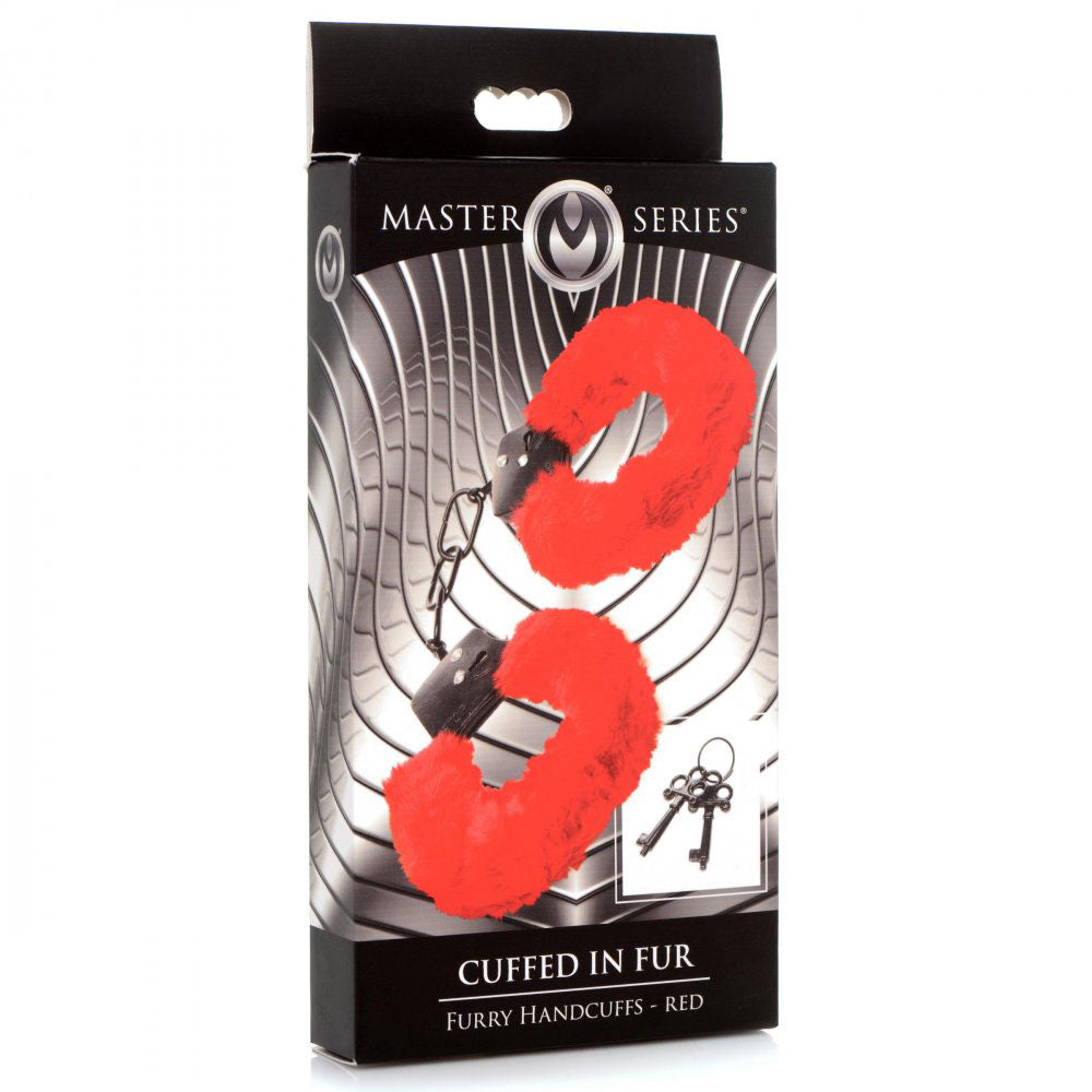 XR Brands Cuffed in Fur Furry Handcuffs - Red - Adjustable with Quick Release