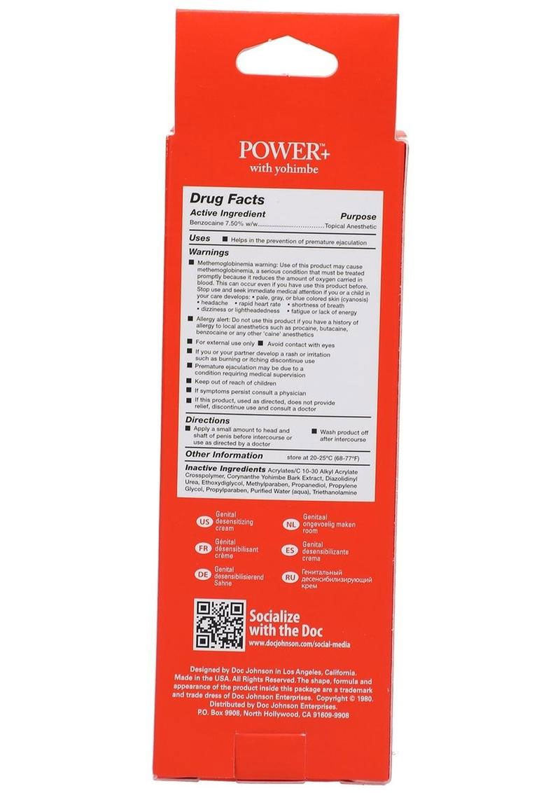 Doc Johnson Power Plus Delay Cream for Men - 2 Oz - Odorless and Tasteless