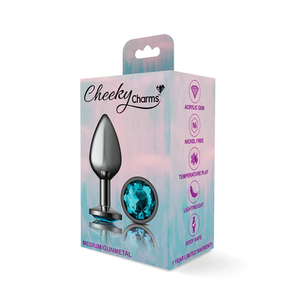 Cheeky Charms Teal Round Gem Gunmetal Metal Anal Plug - Medium