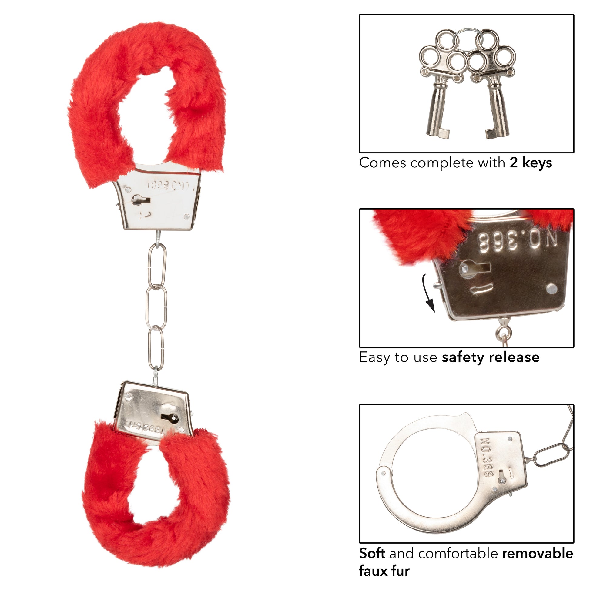 CalExotics Playful Furry Cuffs - Red Metal Handcuffs with Removable Faux Fur