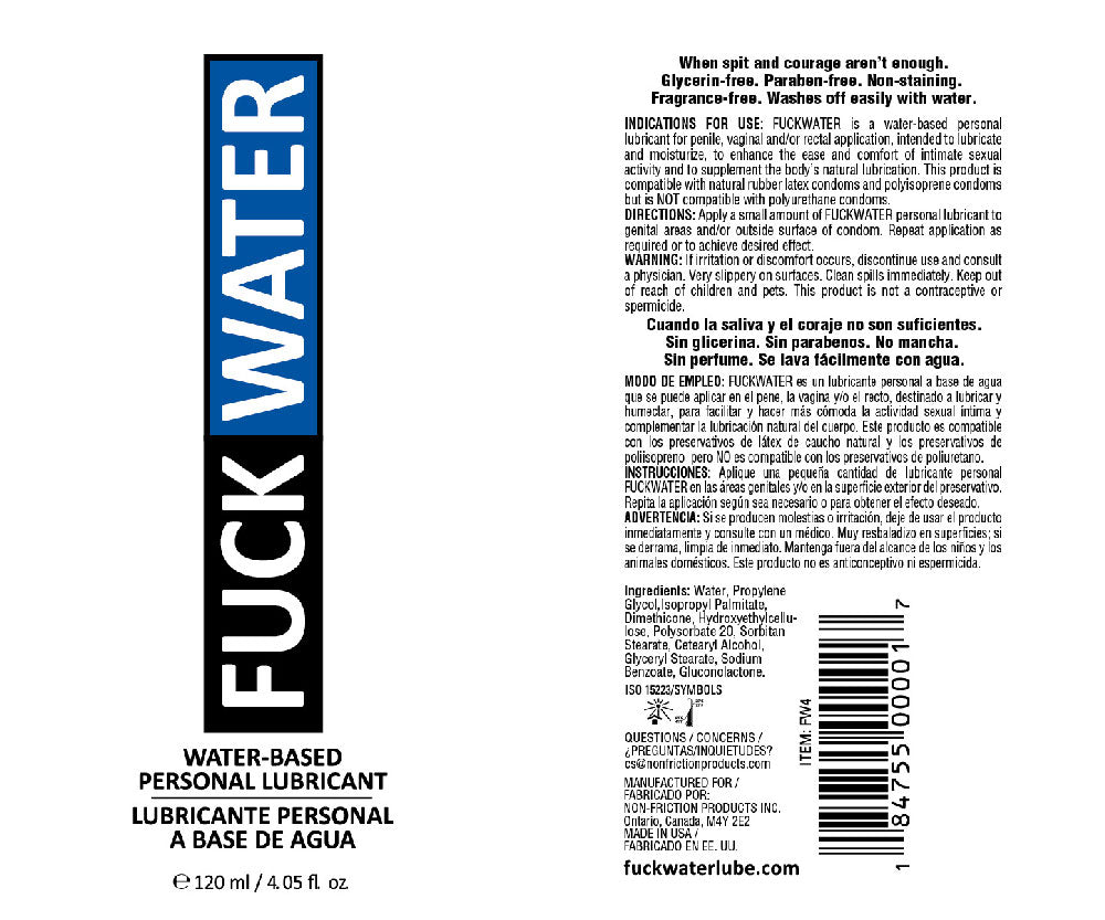 Fuck Water Water-Based Lubricant - 4 Fl. Oz. - Glycerin-Free, Paraben-Free