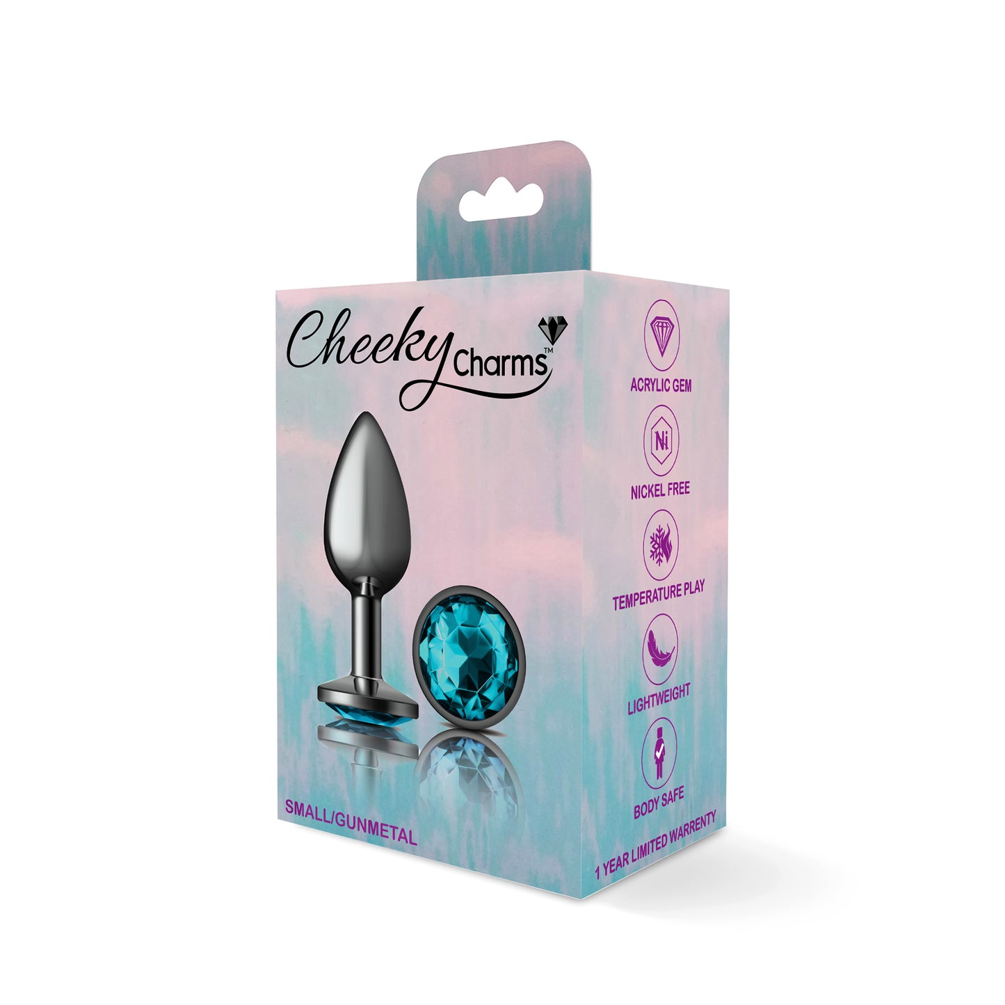 Cheeky Charms Small Teardrop Shaped Anal Plug with Teal Acrylic Gemstone - Gunmetal