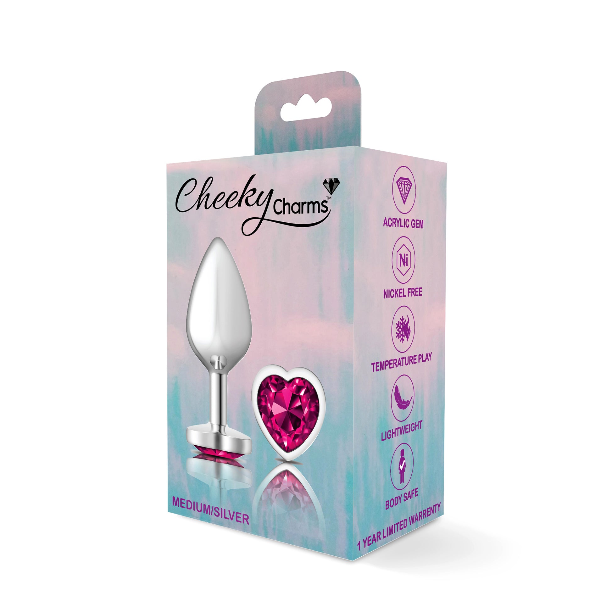 Cheeky Charms Medium Silver Metal Anal Plug with Bright Pink Heart Gem