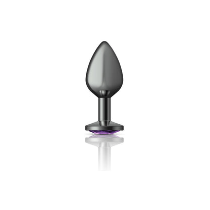Cheeky Charms Medium Gunmetal Teardrop Anal Plug with Deep Purple Gemstone