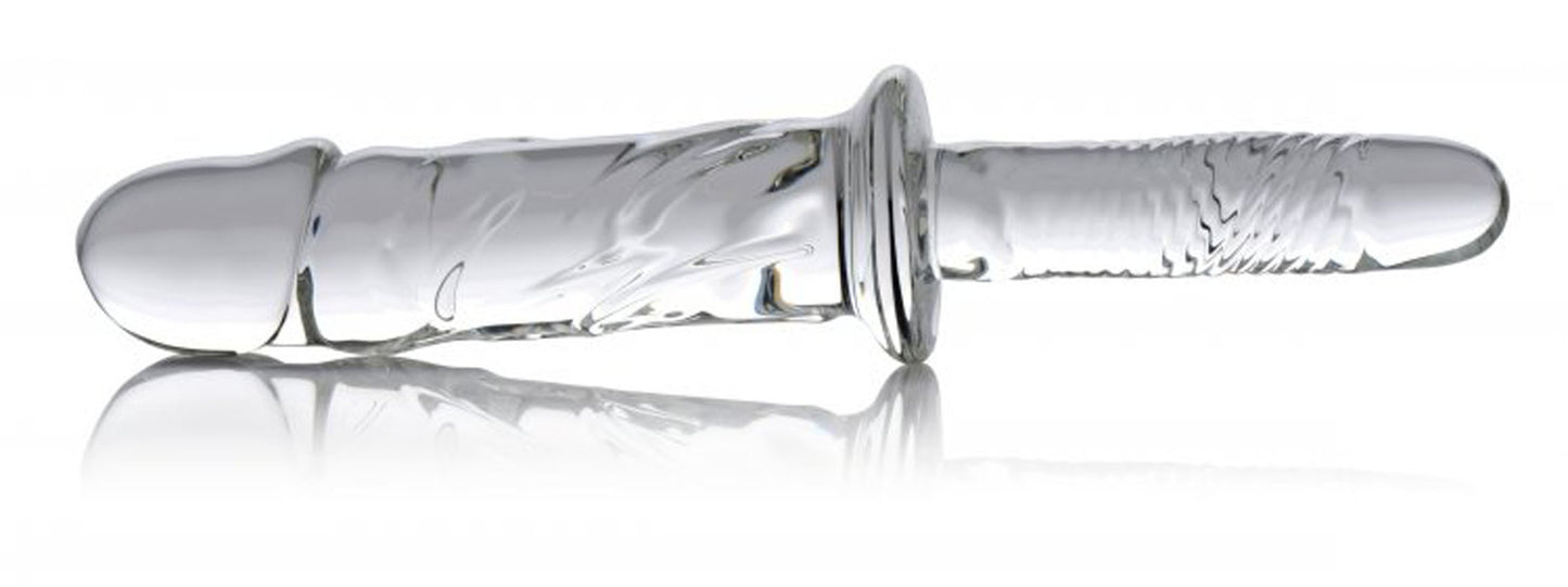 Brutus Glass Dildo Thruster - Textured Glass Dildo with Grooved Handle - Clear