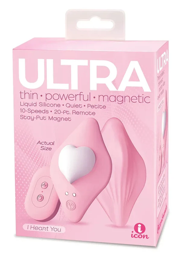Icon Brands Ultra I Heart You Panty Vibrator, Rechargeable, Liquid Silicone, Pink