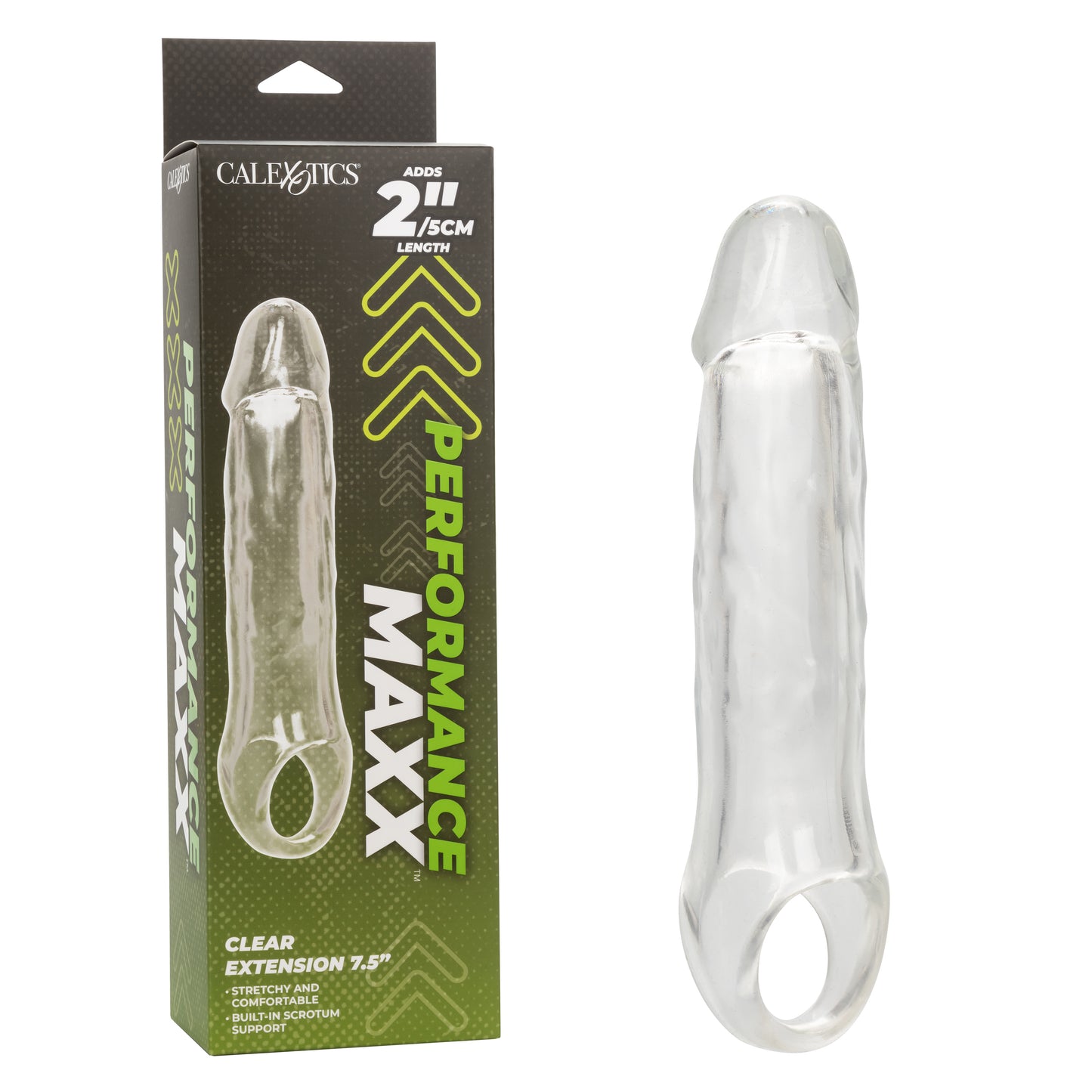 CalExotics Performance Maxx Clear Extension - 7.5 Inch - Clear - Hollow Design with Built-in Scrotum Strap