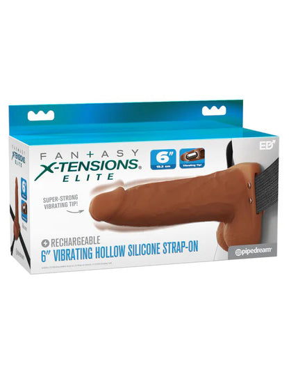 Pipedream Fantasy X-Tensions Elite 6" Vibrating Hollow Silicone Strap-On - Brown