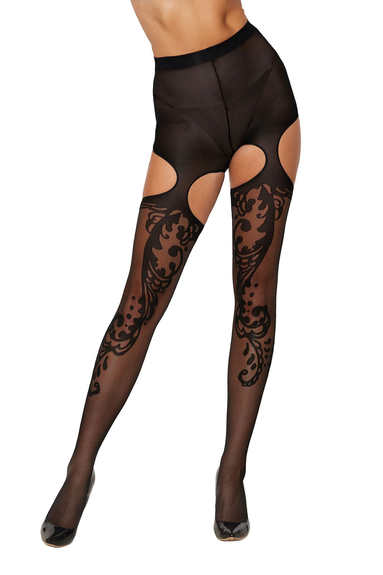 Dreamgirl Patterned Garter Hose - Sheer Bottom with Jacquard Design - Black