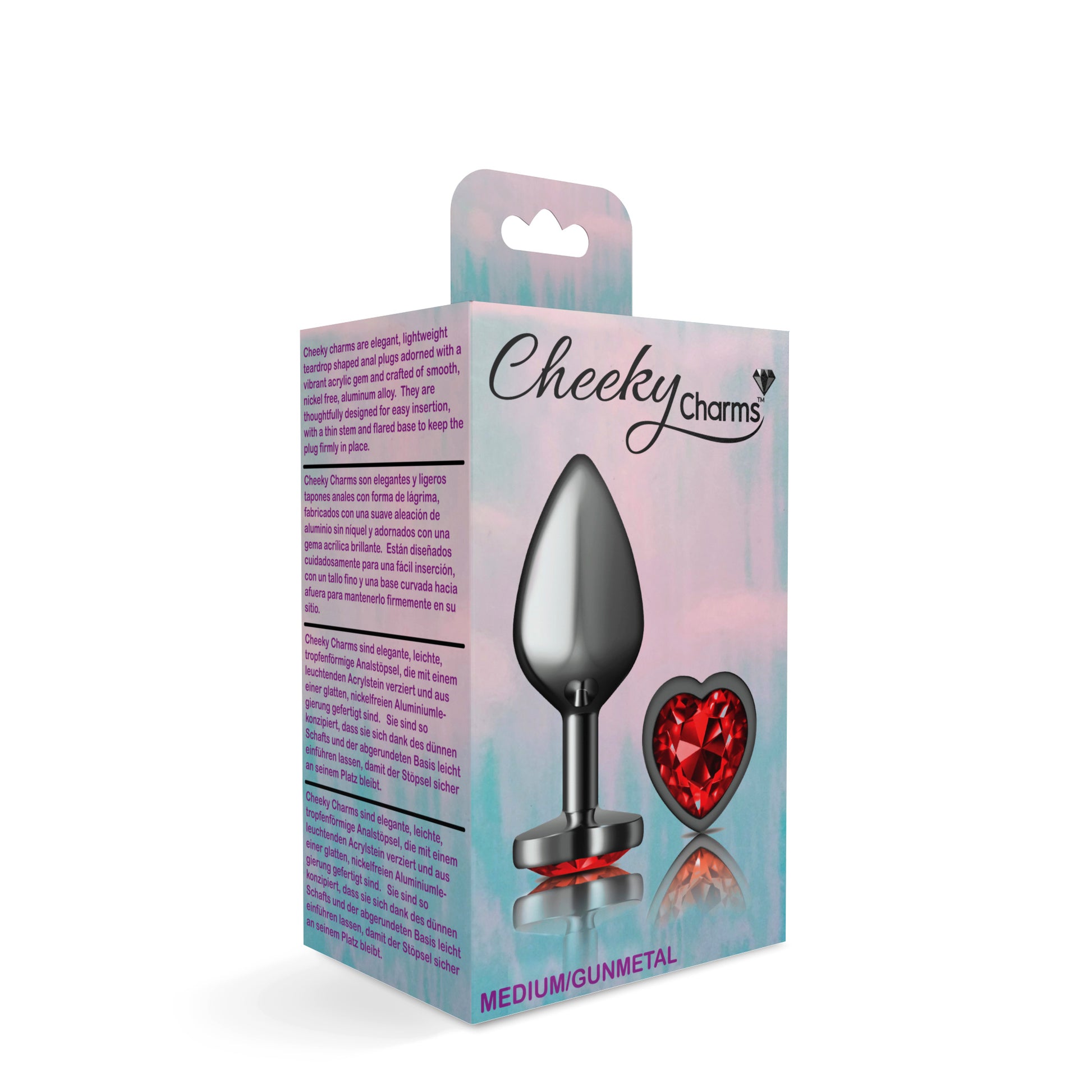 Cheeky Charms Deep Red Heart Gem Gunmetal Medium Anal Plug - Tapered Design