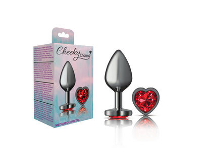 Cheeky Charms Deep Red Heart Gem Gunmetal Medium Anal Plug - Tapered Design