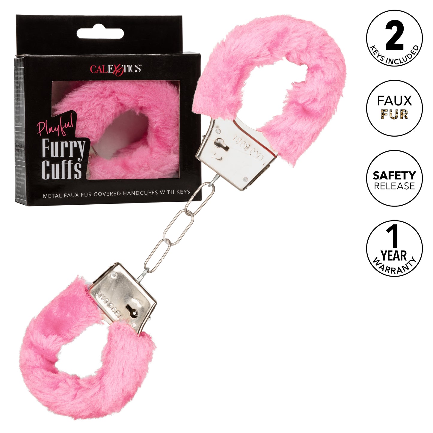CalExotics Playful Furry Cuffs - Pink Metal Faux Fur Handcuffs with Safety Release