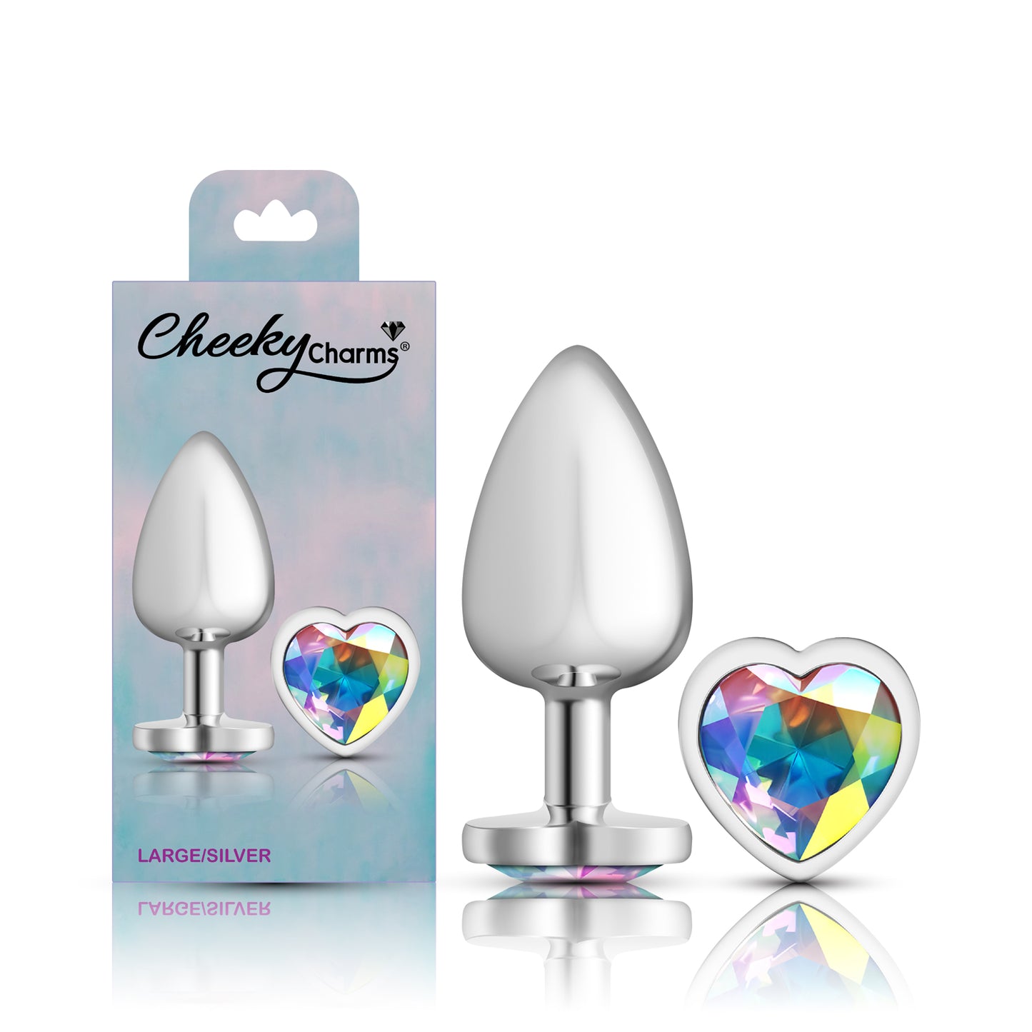 Cheeky Charms Clear Iridescent Heart Gem Large Anal Plug - Silver