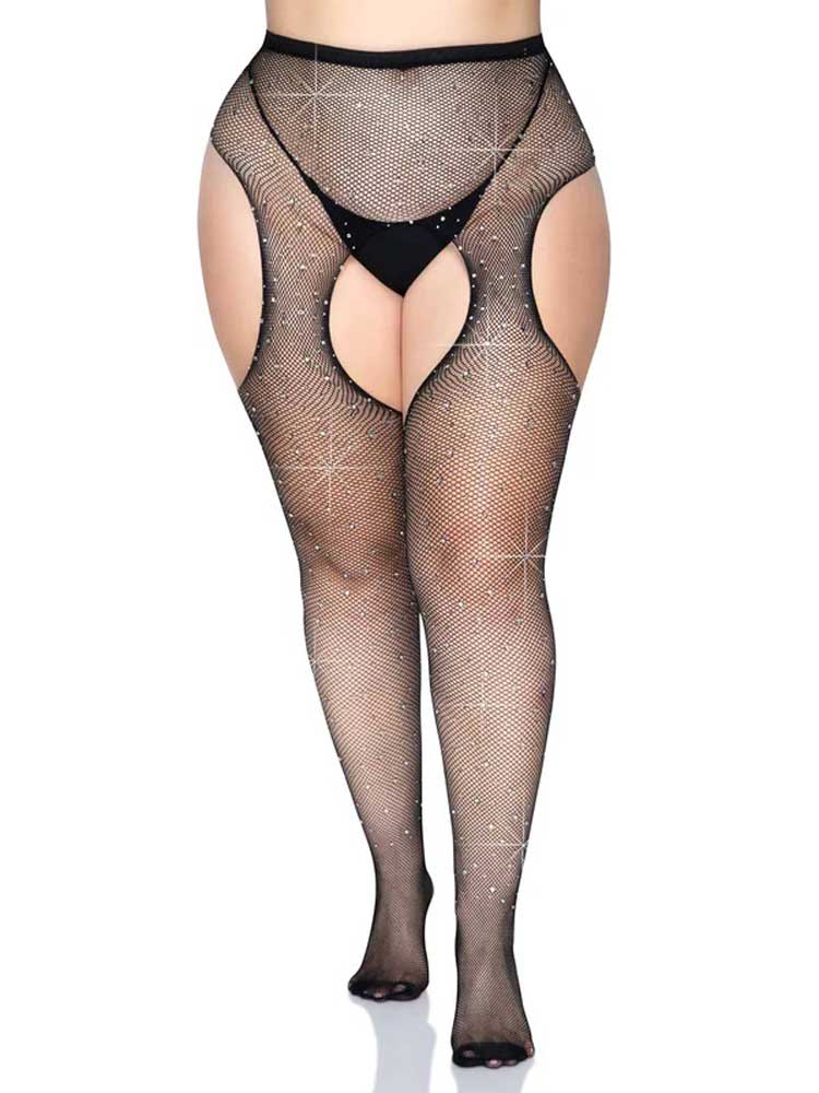 Leg Avenue Casey Rhinestone Fishnet Suspender Pantyhose - Queen Size - Black