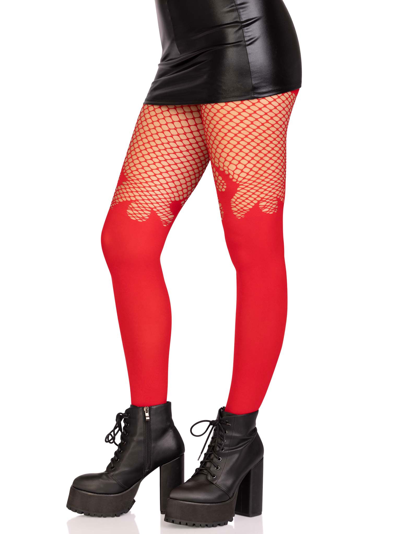 Leg Avenue Opaque Flame Tights with Fishnet Top – Red