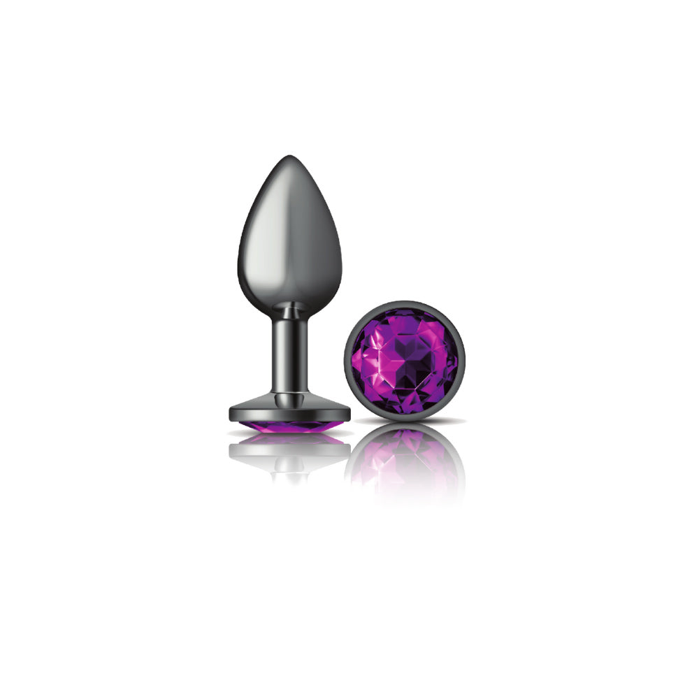 Cheeky Charms Small Gunmetal Metal Anal Plug with Deep Purple Acrylic Gemstone