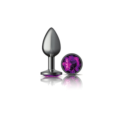 Cheeky Charms Small Gunmetal Metal Anal Plug with Deep Purple Acrylic Gemstone