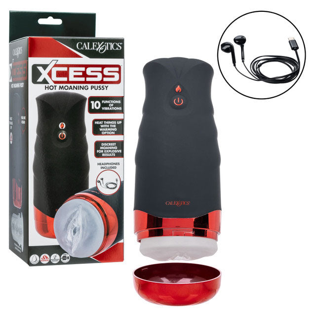 Xcess Hot Moaning Pussy - Rechargeable Vibrating Masturbator with Heat - Black