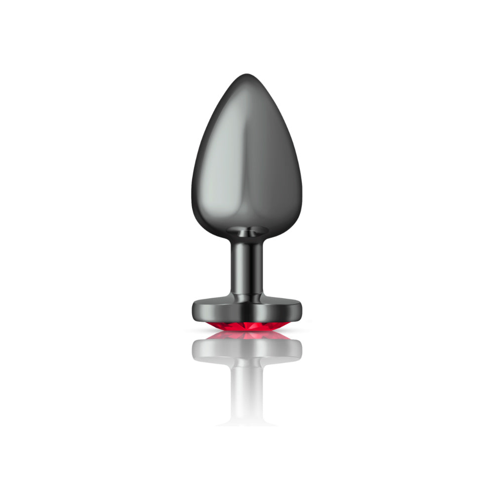 Cheeky Charms Large Gunmetal Metal Anal Plug with Deep Red Heart Gemstone