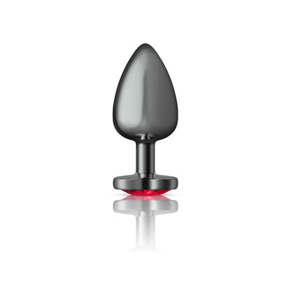 Cheeky Charms Large Gunmetal Metal Anal Plug with Deep Red Heart Gemstone
