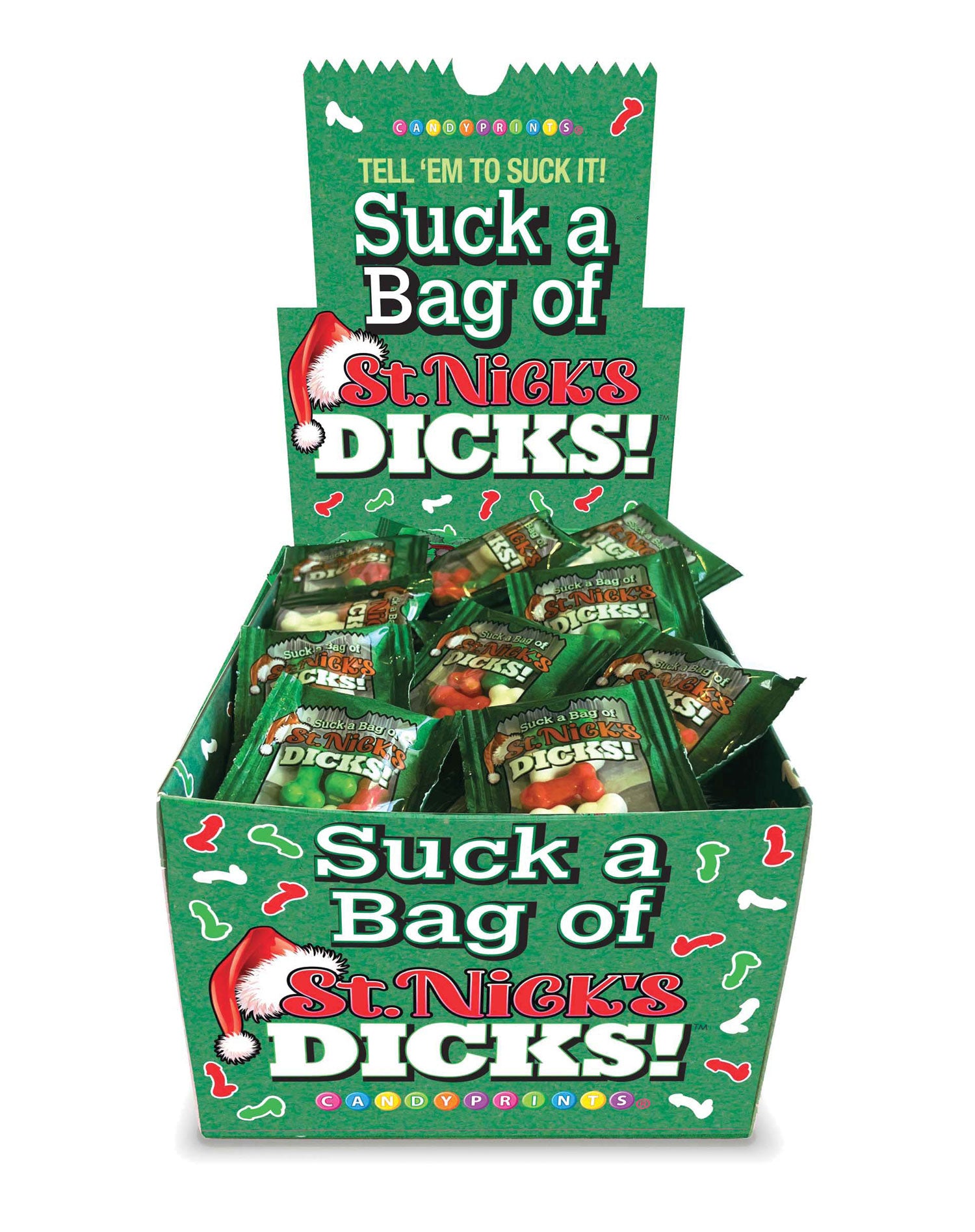 Little Genie Suck a Bag of St. Nicks Dicks - Holiday Candy Display of 100 Mini Packs - Multi-Color