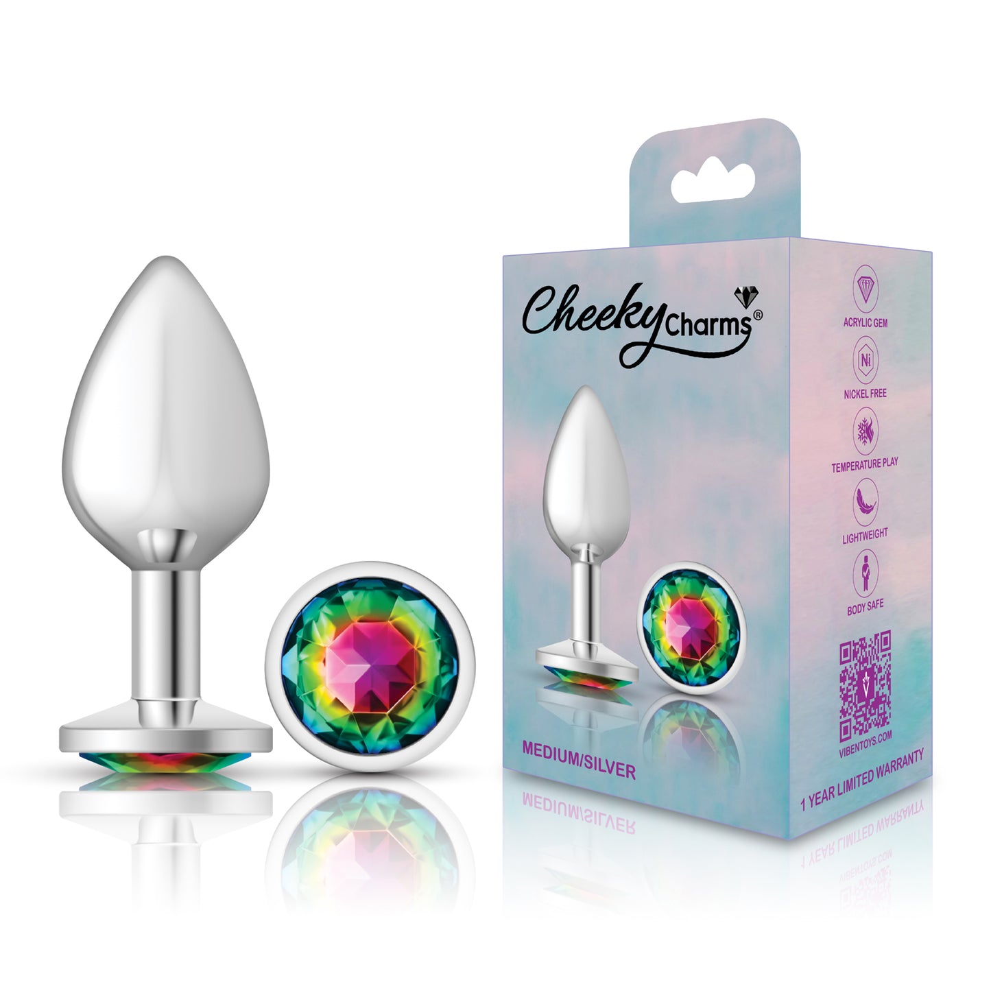 Cheeky Charms Rainbow Round Gem Medium Anal Plug – Silver