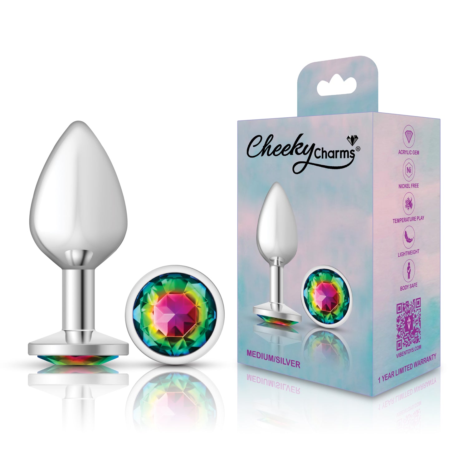 Cheeky Charms Rainbow Round Gem Medium Anal Plug – Silver