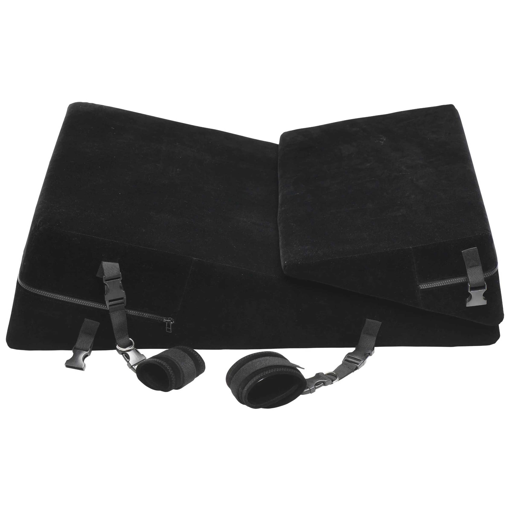 XR Brands Bondage Cushion Set - Foam Wedge Pillows with Restraint Clips - Black