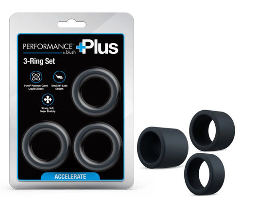 Blush Performance Plus Accelerate 3-Piece Purio Platinum-Cured Liquid Silicone Cock Ring Set – Black