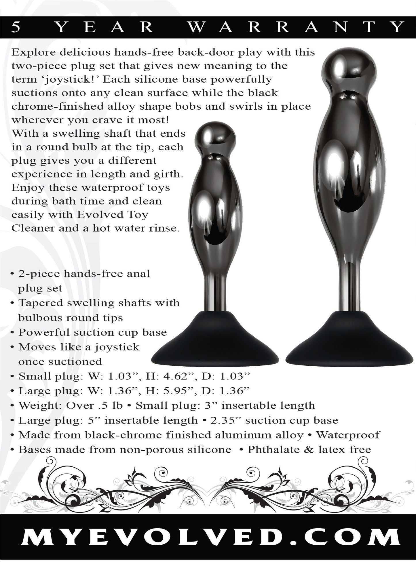Evolved Novelties Joy Sticks 2-Piece Hands-Free Anal Plug Set - Black Chrome