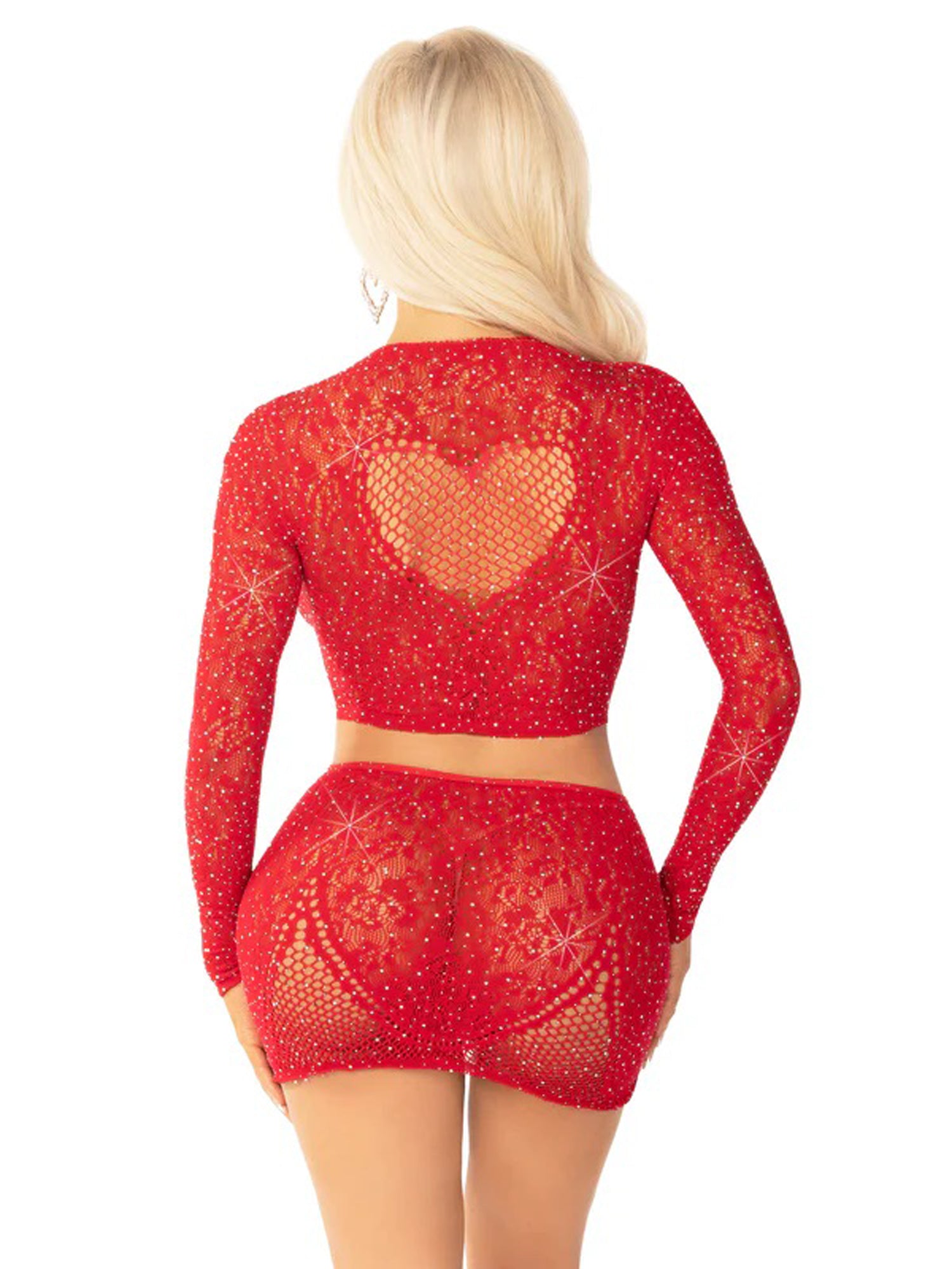 Leg Avenue Red 2pc Rhinestone Lace and Net Crop Top with Mini Skirt